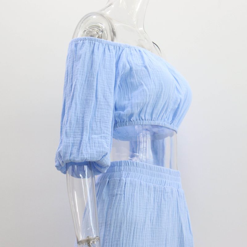 Damen-Knitterstoff aus reiner Baumwolle, einfarbig, kurzärmliges Oberteil mit Kragen, Hose mit hoher Taille und weitem Bein, lässiger Anzug_voghion.com