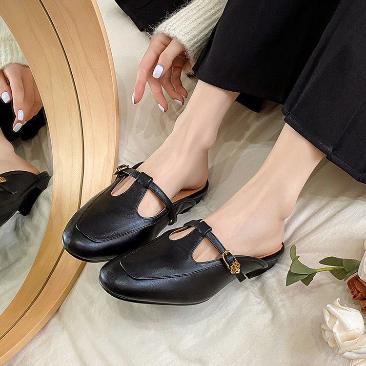 Flat Bottomed 2025 Summer New Baotou Slippers Soft Leather Women's Shoes With Thick Heels And A Straight Strap For_voghion.com