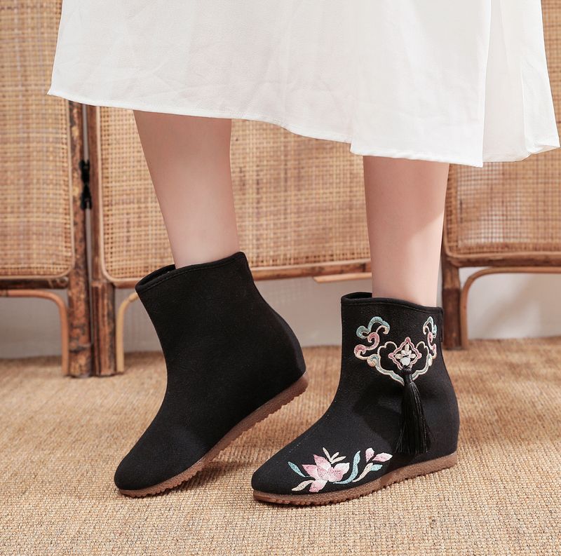Stivali bassi, nappe ricamate, scarpe di stoffa abbinate a scarpe invernali imbottite e morbide in cotone Hanfu da donna, tacchi alti_voghion.com