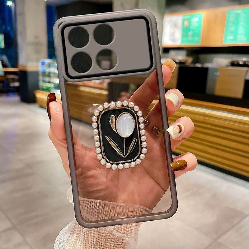 Handyhülle für Poco F6 Pro mit Ständerhalter aus Perlenblumenmuster, vollständiger Kameraschutz, transparente Softcover_voghion.com