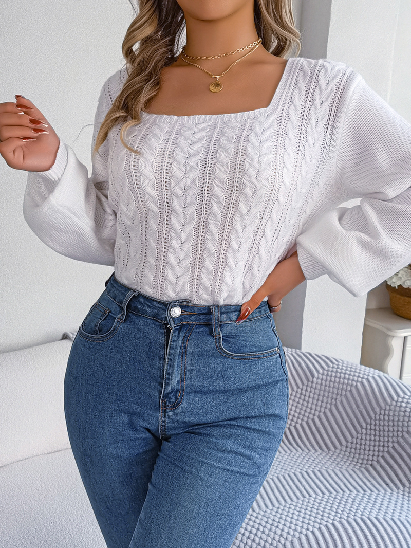 Maglione pullover casual con scollo quadrato e maniche a lanterna in maglia a trecce, moda femminile per autunno e inverno_voghion.com