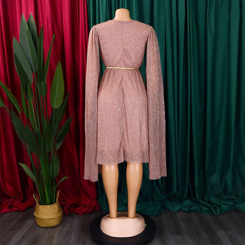 Damenbekleidung Neue V-Ausschnitt Temperament Langarm Cape Taille Kleid Rock_voghion.com
