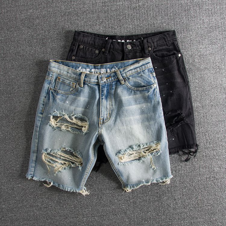 Herrenbekleidung, gewaschene und abgenutzte Tintenspritzer, große Löcher, trendige, originelle Herren-Jeansshorts für Jugendliche_voghion.com