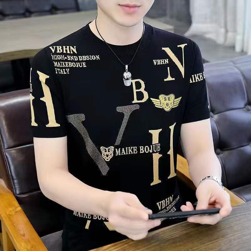 Men's Summer 2023 New Ice Silk Short-sleeved T-shirt Fashionable Brand Fashionable Half-sleeved T-shirt Loose Round Neck Top Clothes for Men_voghion.com