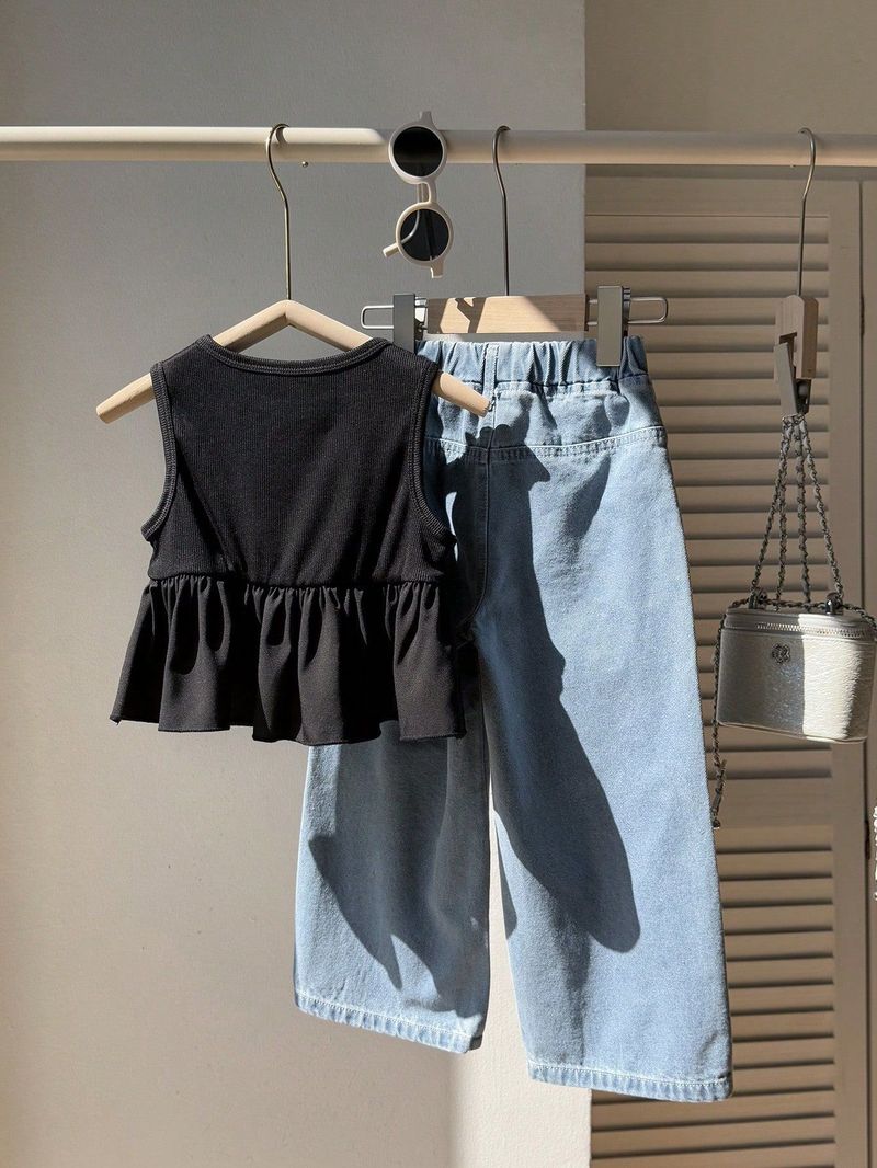 Completo da bambina composto da top girocollo in maglia e jeans ricamati con fiocco, 2 pezzi, morbido misto cotone, comodo ed elegante, perfetto per la primavera e l'estate, età 4-7 anni_voghion.com