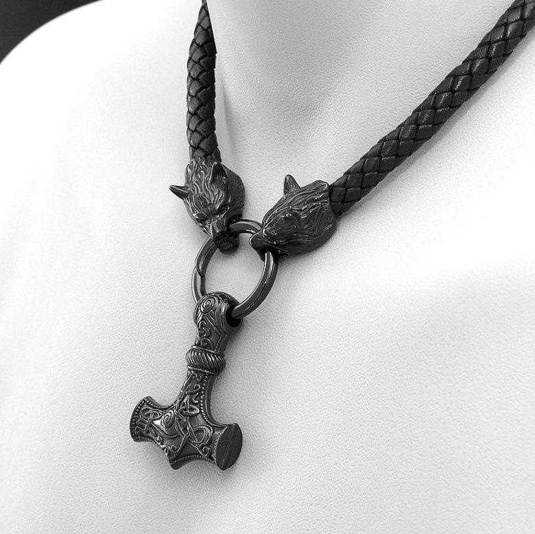 Nordic Viking Leather Necklace Weave Hammer Celtic Wolf Head Necklace Men's Long Talisman Jewelry_voghion.com