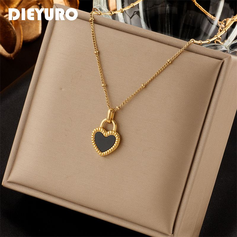 Collana con lucchetto in acciaio inossidabile 316L DIEYURO alla moda per donna, ciondolo a forma di cuore color oro, catena con clavicola, gioielli per il corpo alla moda per ragazze_voghion.com