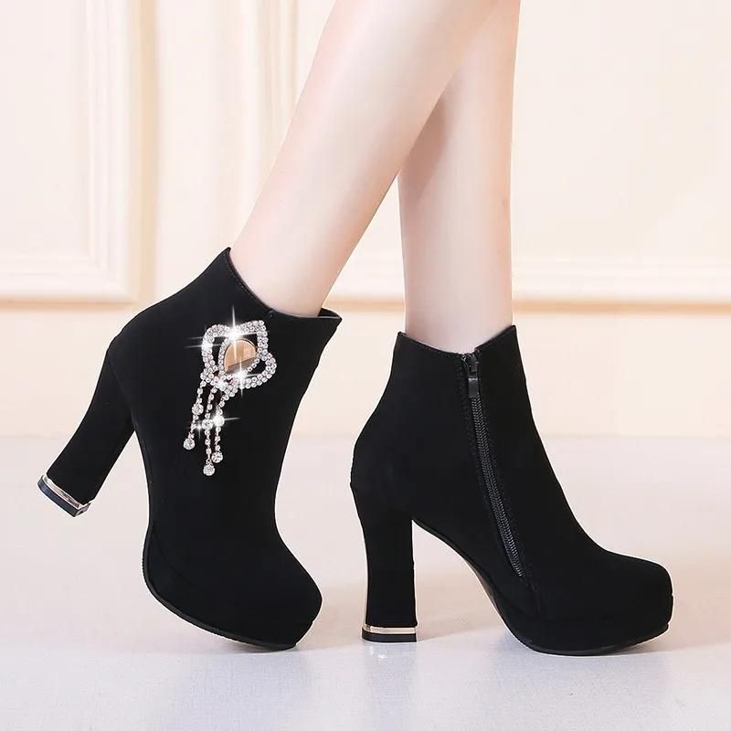 Fashion Comemore Herbst Winter 2024 Neue hochhackige Stiefeletten Sexy Mode Stiefel für Frauen Strass Dicken Absätzen Plattform Kurze boot_voghion.com