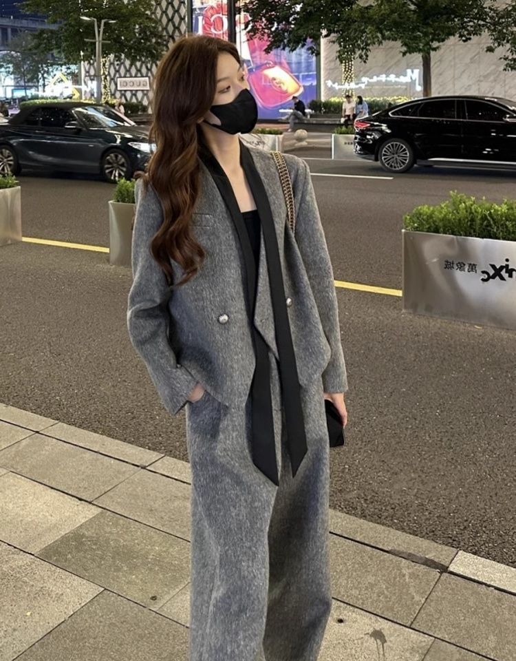 GraceChic Fashion Blazer in lana con nastro, pantaloni casual da donna, autunno inverno, nuovo set due pezzi, stile coreano_voghion.com