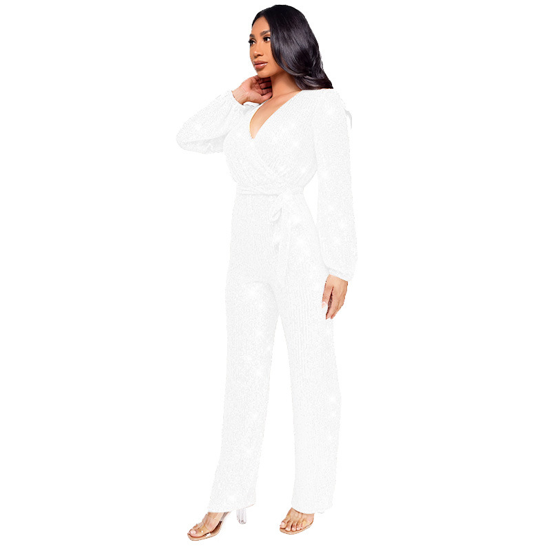 Damkläder Ins Style Deep V Mode Casual Jumpsuit Långärmat Bälte Paljett Jumpsuit Dam_voghion.com