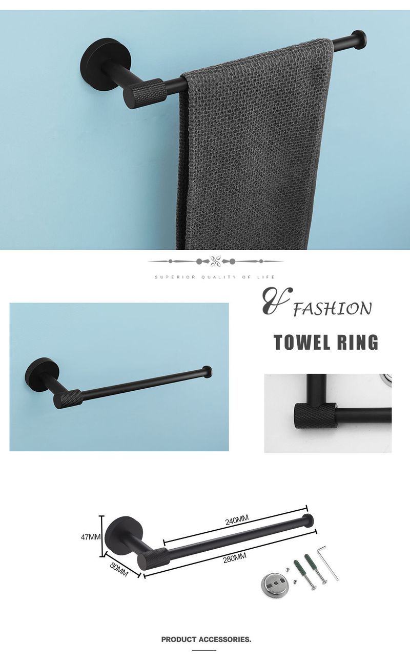 Porte-serviettes transversal noir muet, porte-mouchoirs, crochet à vêtements, brosse de toilette, pot de savon, anneau porte-serviettes, pendentif de salle de bain moleté en acier inoxydable_voghion.com