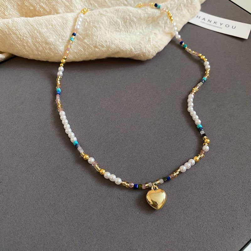 Colorful Crystal Pearl Heart Pendant Bead Neckl, Spring And Summer Ins Fashion Collarbone Chain, Niche High-end_voghion.com