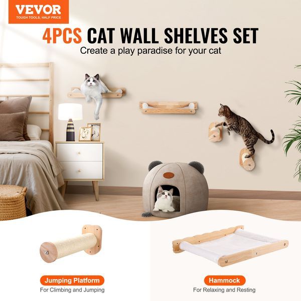 Wall Mounted Cat Shelves With 2 Jumping Posts & 2 Hammocks Up To 40 Lbs_voghion.com