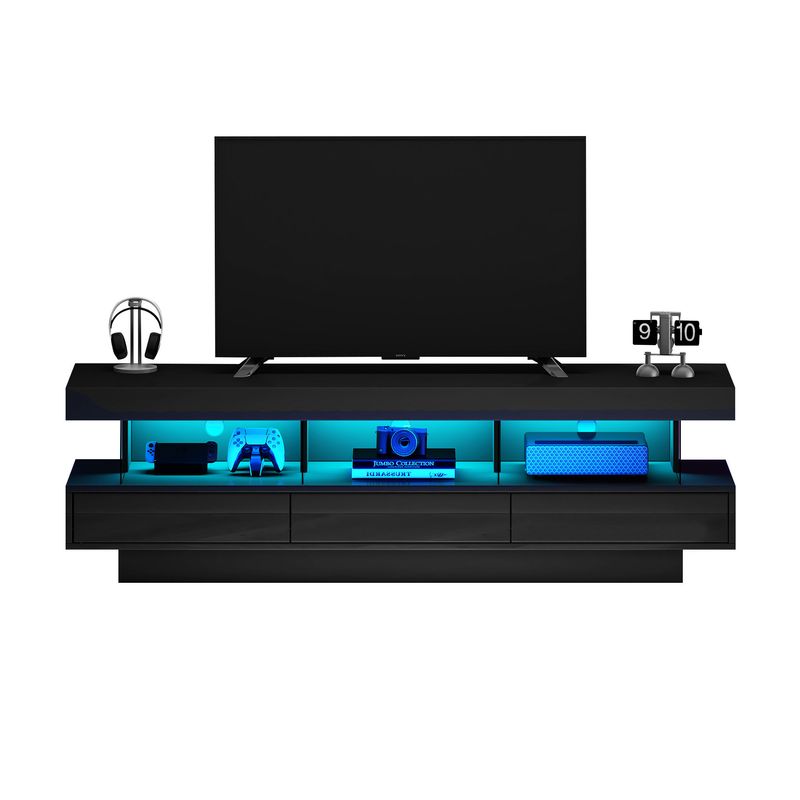 Meuble TV noir brillant 160 x 38 x 50,5 cm avec 3 étagères en verre, éclairage LED, contrôle par application et connectivité Bluetooth pour téléviseur 70 pouces._voghion.com