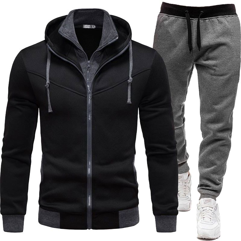 Nouvelle veste patchwork à la mode automne et hiver, pantalon décontracté à manches longues, costume de sport à capuche pour hommes_voghion.com
