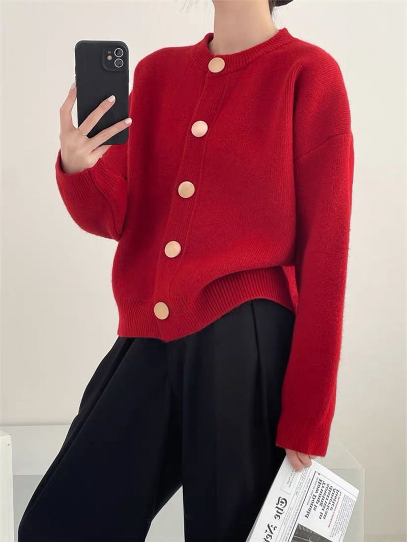 Elegant Single-Button Knit Cardigan For Women – Oversized Boho Chic Cropped Sweater Coat In Soft Round Neck (Coffee Brown, Beige, Oatmeal, Red)_voghion.com