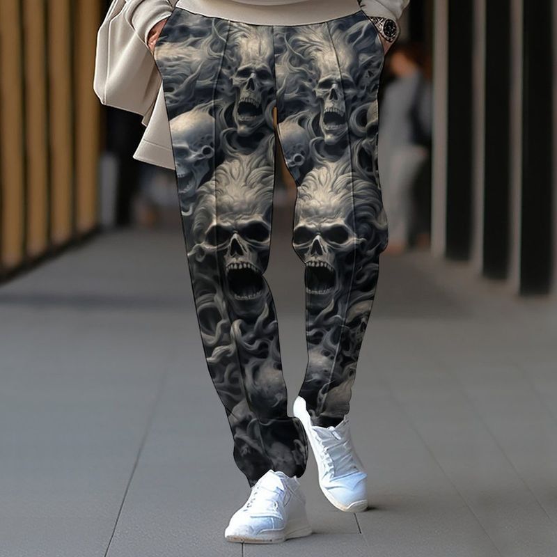 New Men's Spring Summer Loose Straight Sports Casual Pants Skull Print Oversize Long Trousers_voghion.com