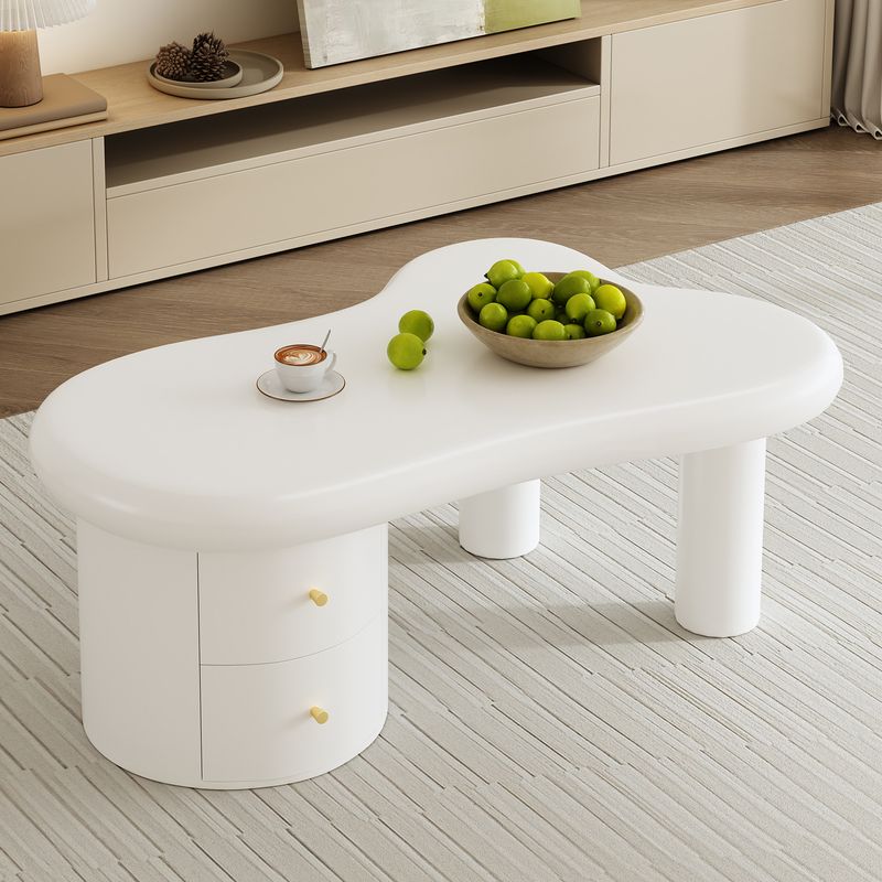 Table basse blanche moderne de forme irrégulière avec 2 tiroirs, design compact et élégant, robuste et pratique pour le salon et une utilisation polyvalente._voghion.com