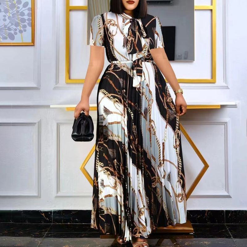 Women's short-sleeved printed pleated straps long skirt plus size _voghion.com