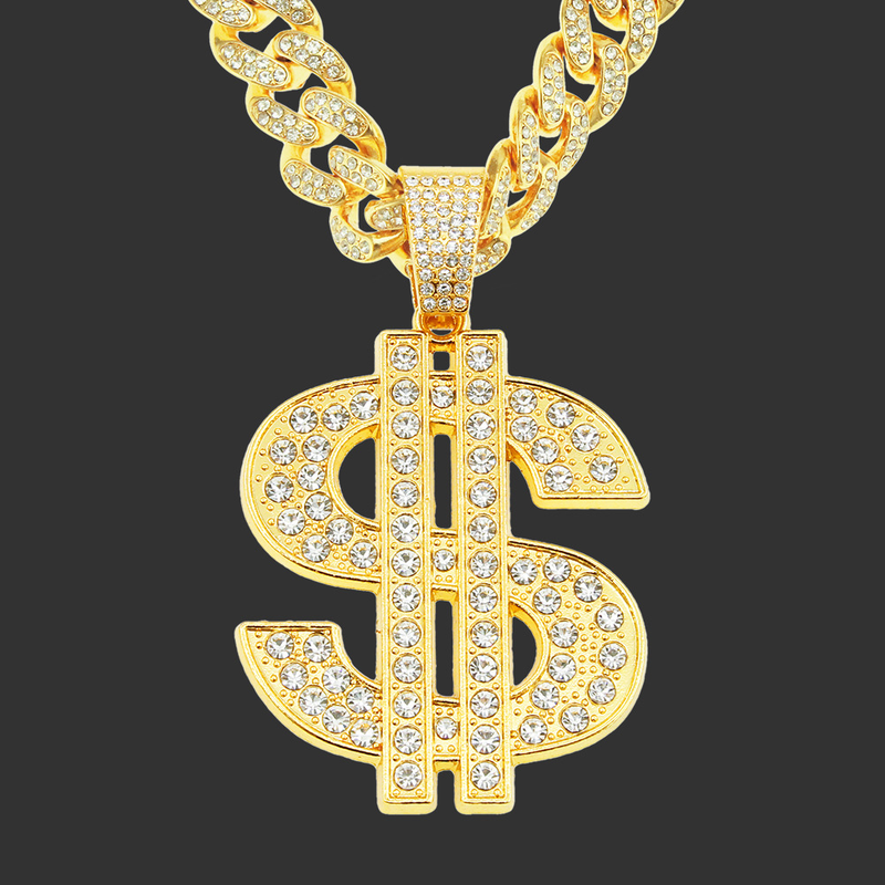 Uomo Donna Hip Hop Big Dollar Collana con ciondolo 13mm Miami Cuban Link Girocollo Collane a catena Bling Bling Charm Statement Gioielli_voghion.com