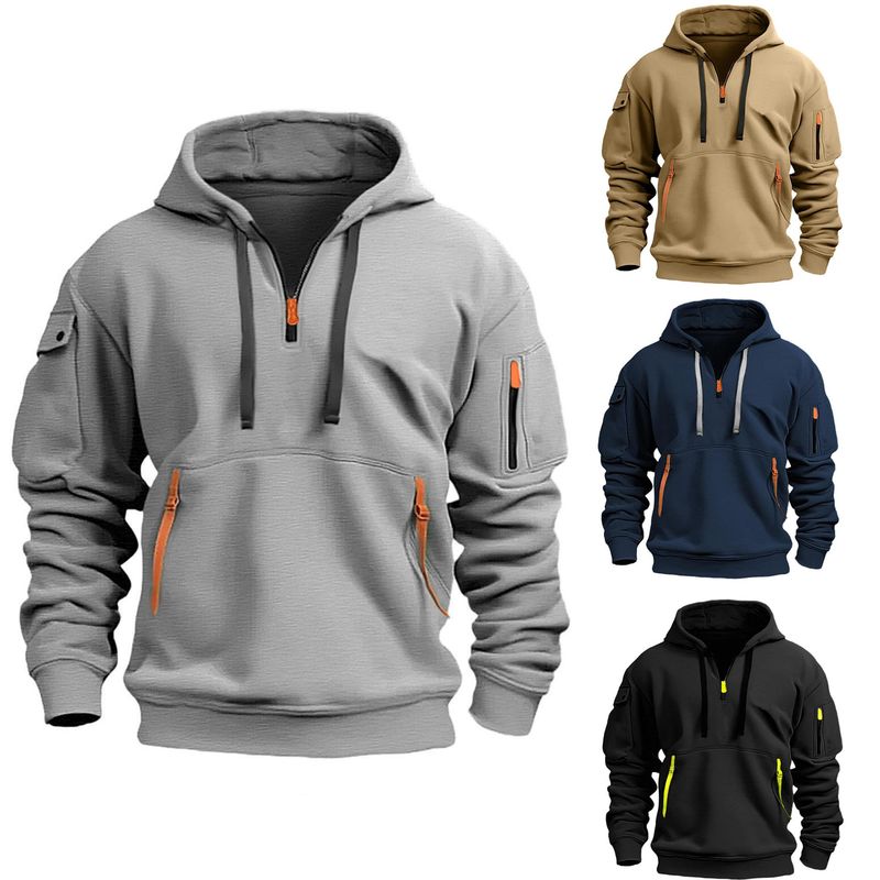 Felpa con cappuccio da uomo primaverile e autunnale, con cerniera, multitasche, a maniche lunghe, sportiva, casual, cappotto_voghion.com