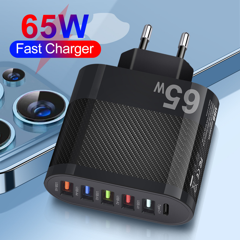 Music Festival Standard 65W 5USB+Type-c mobile phone charger multi interface charging head British plug_voghion.com