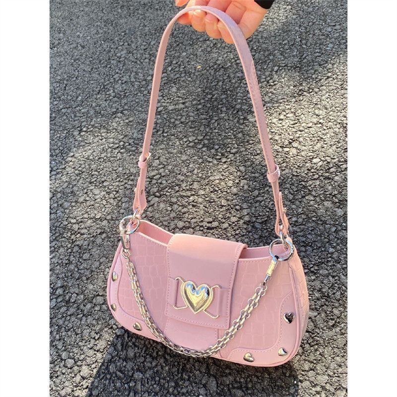 Borsa a tracolla singola con catena a forma di cuore, rosa, fresca e dolce, per ascella, da donna, con motivo a ragazza cool._voghion.com