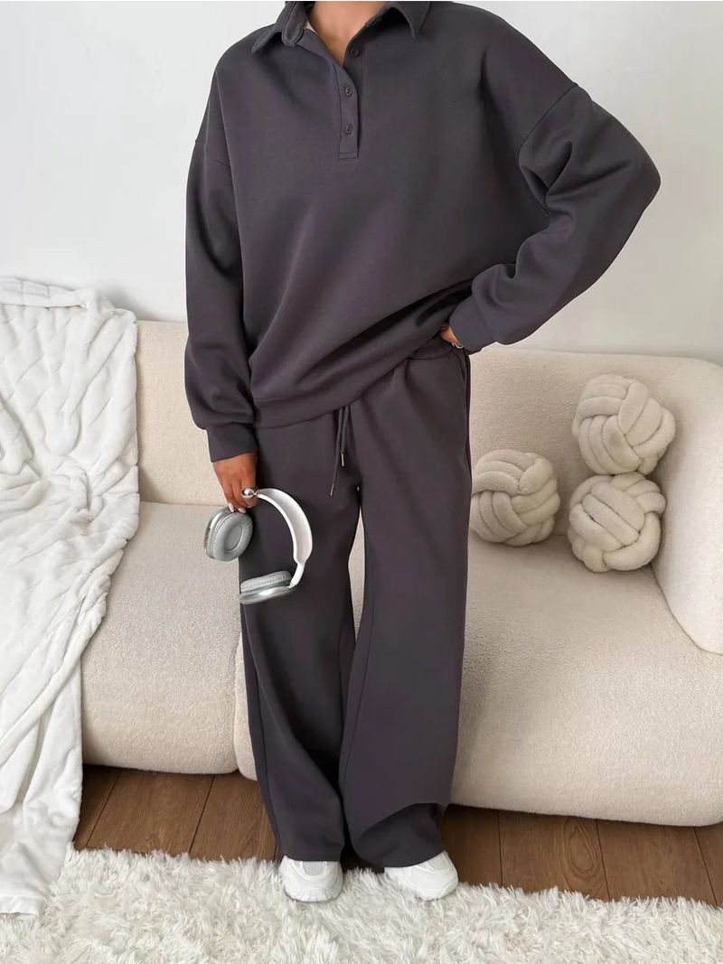 Set sportivi casual da donna, tinta unita, maniche lunghe, pullover con revers abbottonato, felpa, pantaloni con lacci, completo due pezzi_voghion.com