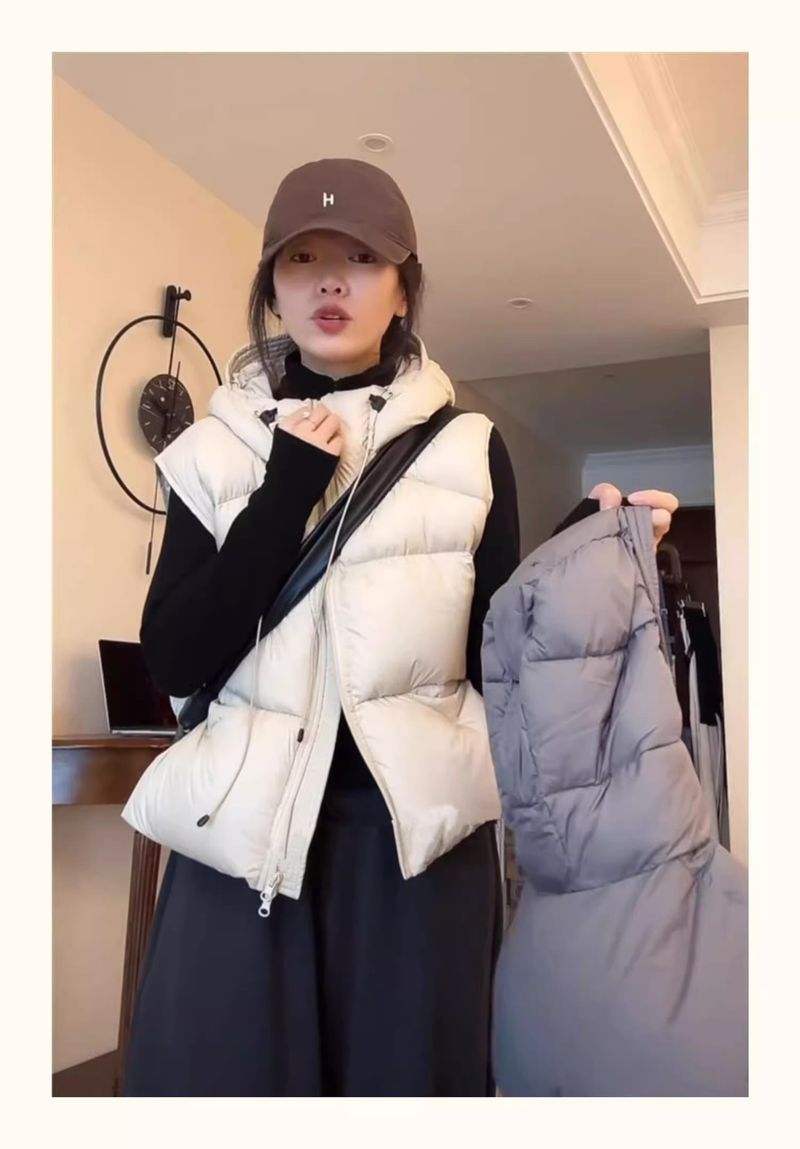 Kort wit eendendons vest met capuchon voor dames, winter 2024, nieuw, losvallend, hoogwaardig, slankmakend, petite vest_voghion.com