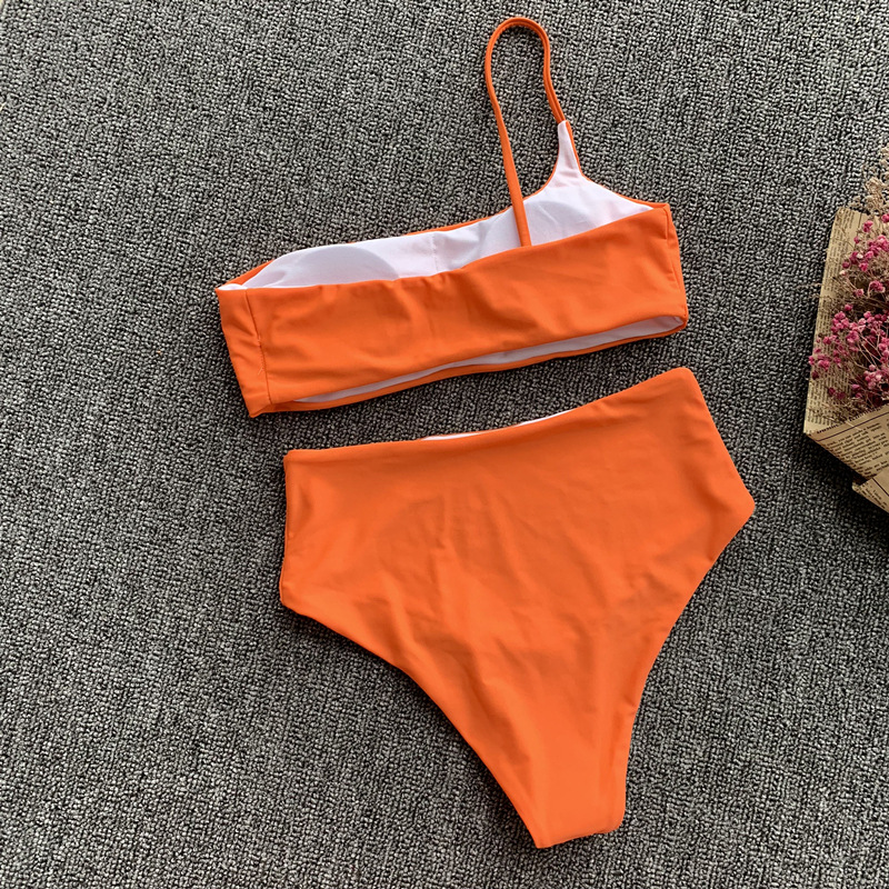 Heißes Modell einfarbiger Bikini mit hoher Taille, sexy One-Shoulder-Badeanzug, geteilter Badeanzug-Bikini für Damen_voghion.com