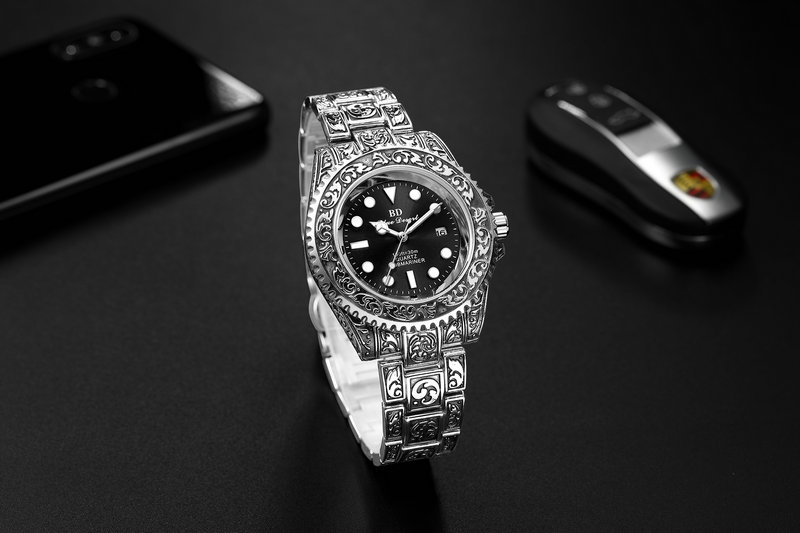 Relógio masculino clássico preto com design gravado intrincado, superluminoso, resistente à água, movimento de quartzo, pulseira de aço inoxidável_voghion.com