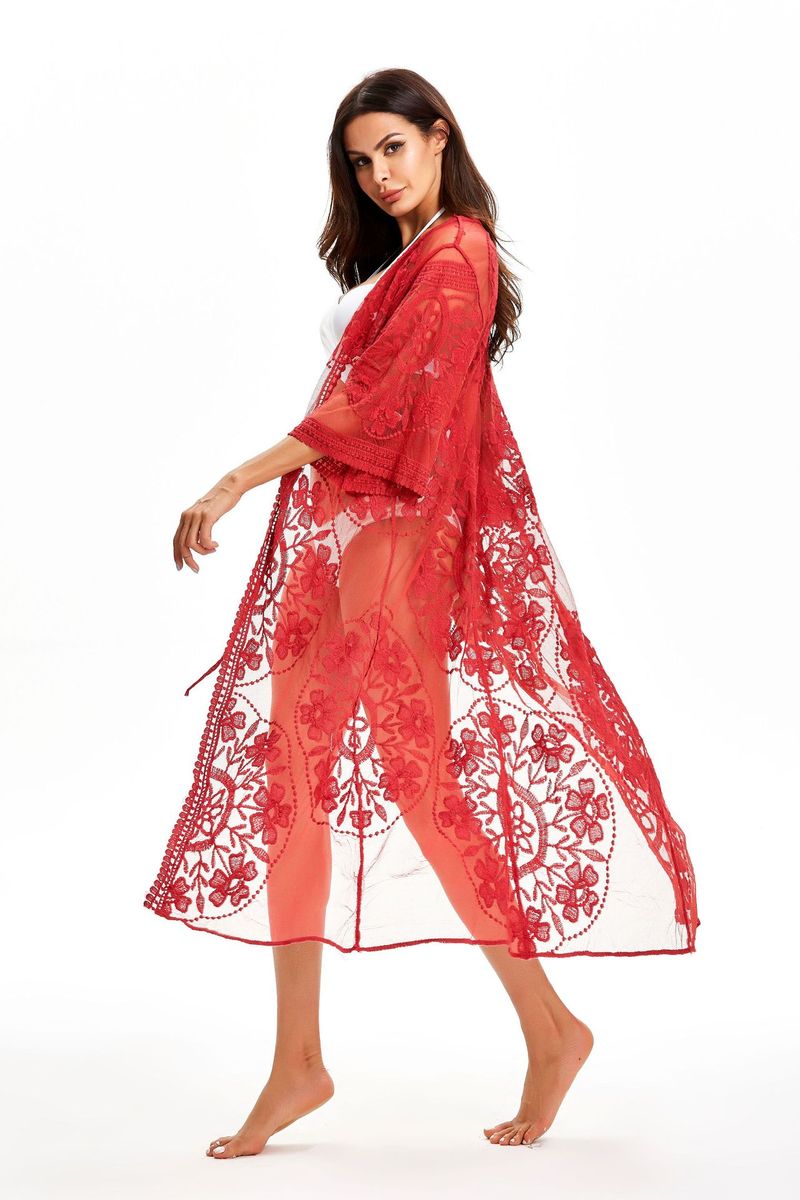 Damenbekleidung Mesh Bestickte Spitze Strand Cover Up Meer Urlaub Bikini Lange Sonnenschutz Kleidung Heißer Verkauf_voghion.com