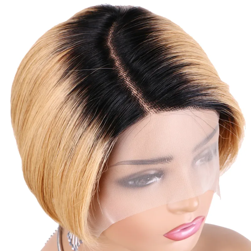 Kurze, glatte Pixie-Schnitt-Spitzenperücken mit Seitenscheitel, Echthaarperücken, T1B/99J, Ombre-Farbe, erschwingliche Haarersatzperücke_voghion.com