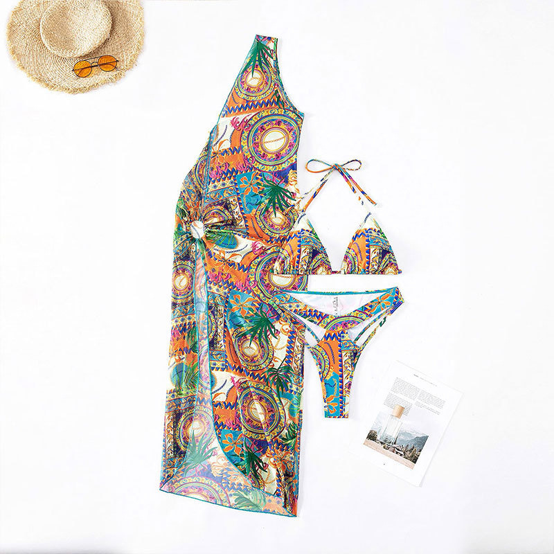 2023 nouveau Bikini Sexy maille imprimé plage jupe trois pièces maillots de bain femmes Bikini maillots de bain_voghion.com