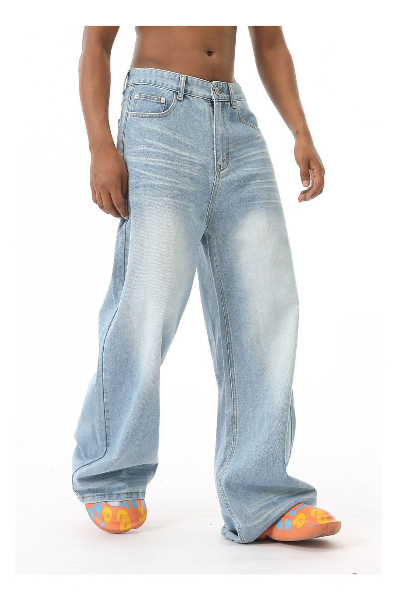 EF JEANS | 2024 Yeni Amerikan Yıkanmış Kırışık Tasarım Duygusu Düz Paspas Eski Açık Mavi Kot Pantolon_voghion.com