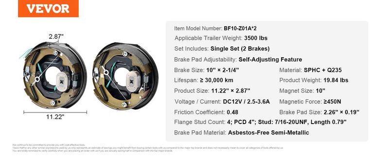 VEVOR Electric Trailer Brake Assembly, 10" X 2.25", 1 Pair Self-Adjusting Electric Brakes Kit For 3500 Lbs Axle, 4-Hole Mounting, Backing Plates For Brake System Part Replacement (1 Right + 1 Left)_voghion.com