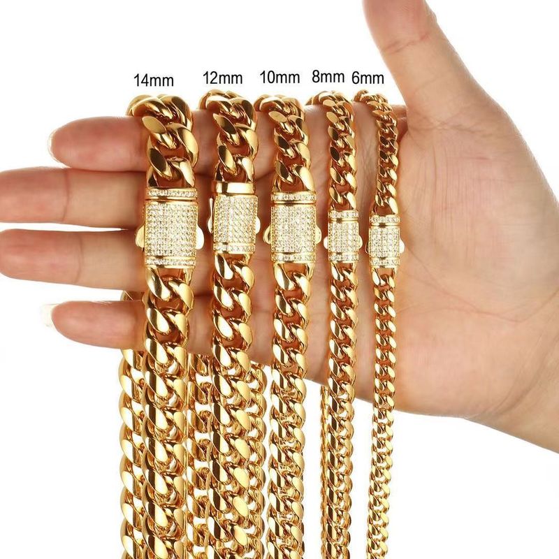 Cross Border E Commerce Delivery Men's Gold Cuban Necklace White Zircon Micro Inlaid Lock Encryption Chain 6mm 14mm_voghion.com