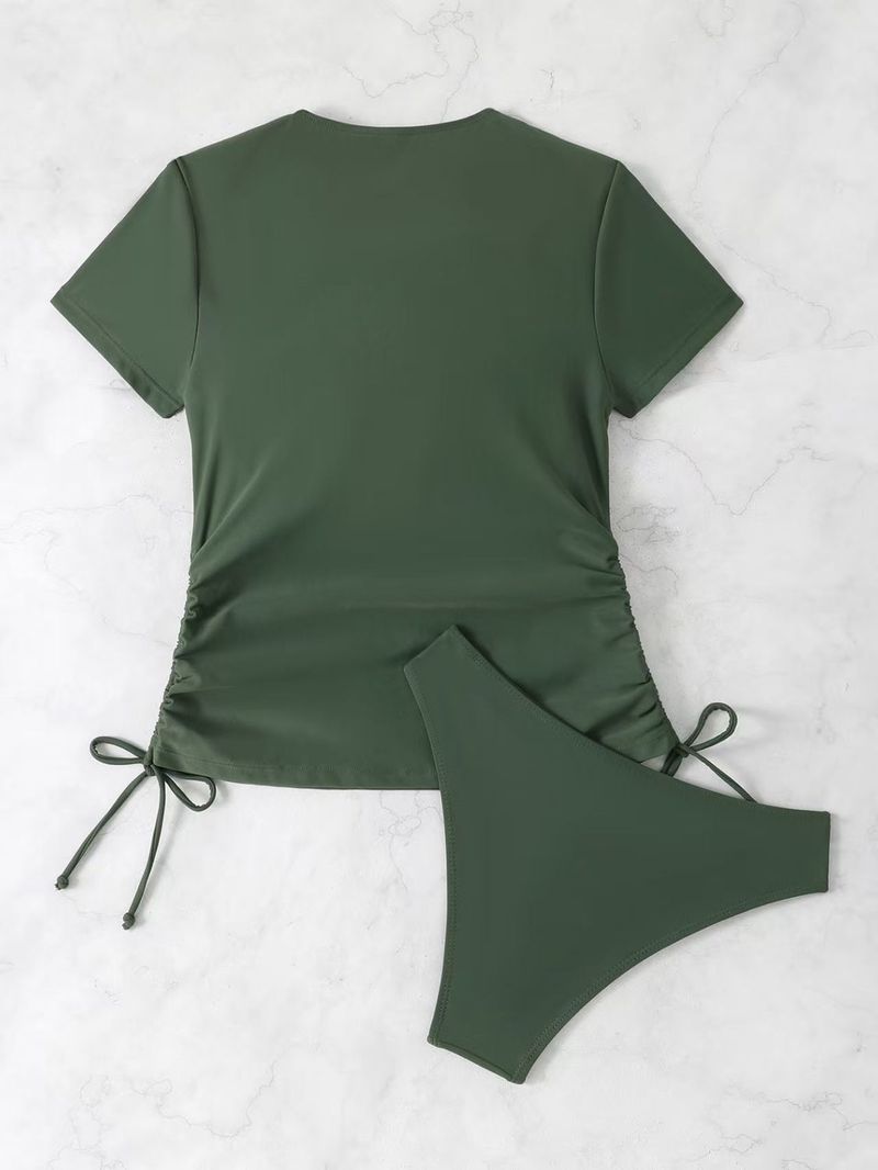 Costume da bagno a due pezzi con coulisse e cerniera, a maniche corte, da donna, 2025, nuovo, tinta unita_voghion.com