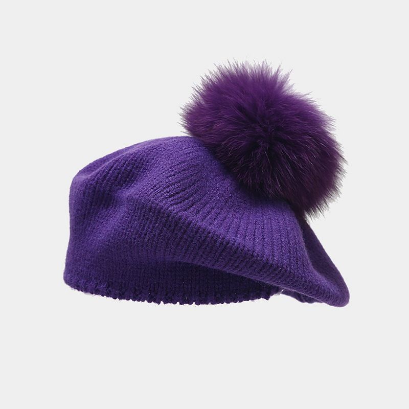 Hot Sale Women'S Elegant Removable Fox Fur Ball Berets Autumn Winter Warm Knitted Beanie Hats For Girls Solid Colour Elastic_voghion.com