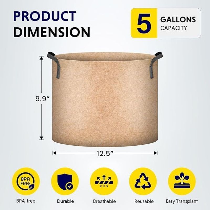 Grow Strap For Duty Handles Bags Container Heavy Gallon Nonwoven Fabric Pots 5 Aeration Ta Durable Plant 5Pack Thickened Garden_voghion.com
