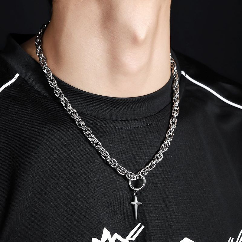 Cross Star Hoop Pendant Twist Necklace For Men Titanium Steel Non-Fading Punk Hip-Hop Women Sweater Chain Minimalist_voghion.com