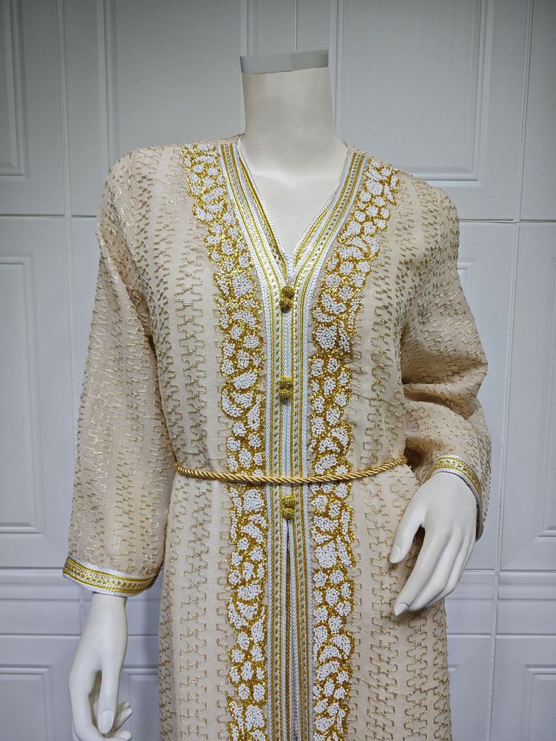 Completo da donna in due pezzi con ricamo a rombi caldi, alla moda, jalabiya saudita con cordino in vita_voghion.com
