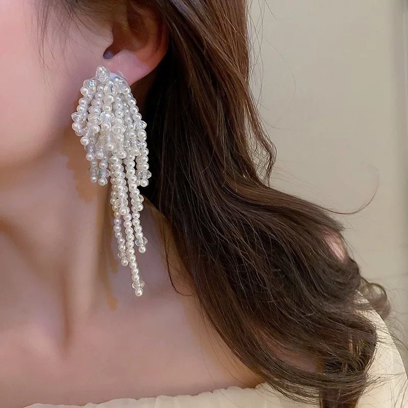 Sølvnåleformet perleblomst fransk design sans koreansk enkel og alsidig personlig ørering til kvinder_voghion.com