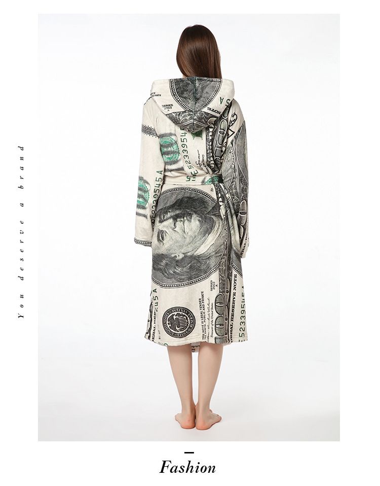 Women's dollar printed nightgown Couple hooded nightgown Flannel bathrobe personalized pajamas_voghion.com