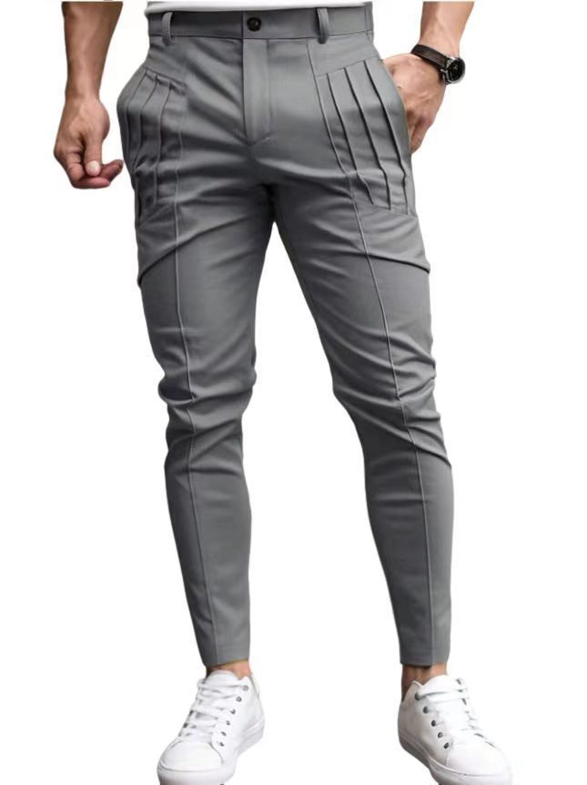 Men's Clothing Hot Selling Men's Solid Color Tight Pocket Zipper Casual Slim Fit Small Leg Trousers_voghion.com
