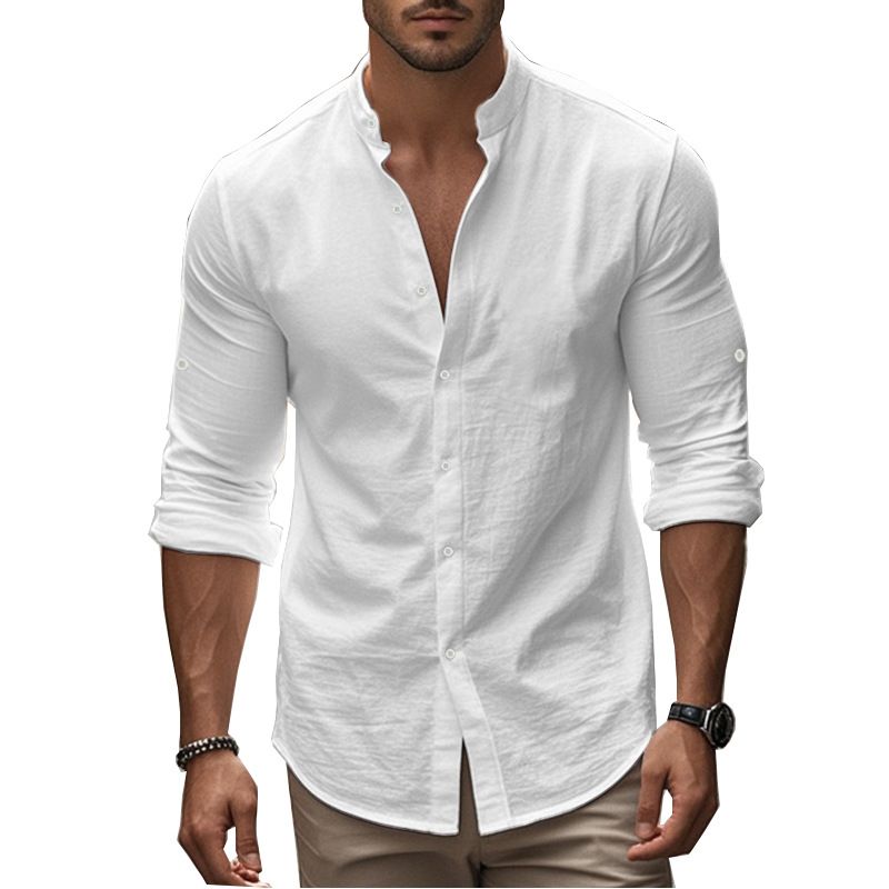 Camicia casual in cotone e lino tinta unita, a maniche lunghe, con colletto alto, da uomo, di qualità imbattibile, autunno 2025_voghion.com