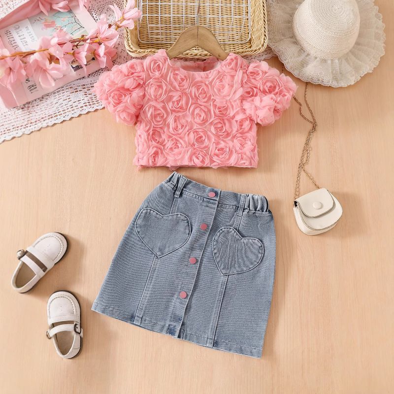 Cross Border 2025 Sommer Mädchen Französisch Luxus Stil Temperament Rose Blume Design Mode Hemd Denim Rock Set_voghion.com