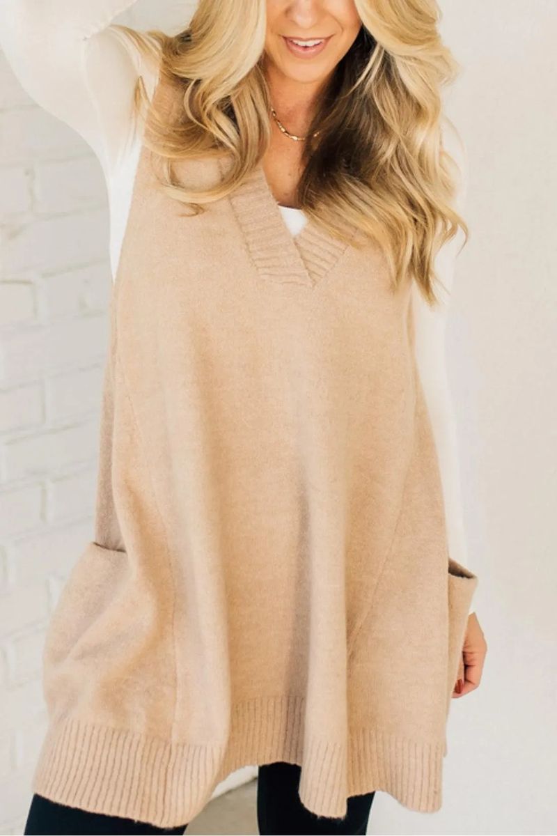 K Einfarbige Strickweste mit V-Ausschnitt und Tasche, ärmelloser Pullover_voghion.com