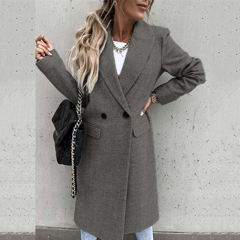 Trench lungo da donna in misto lana con revers a lancia – Taglio dritto classico per autunno e inverno_voghion.com
