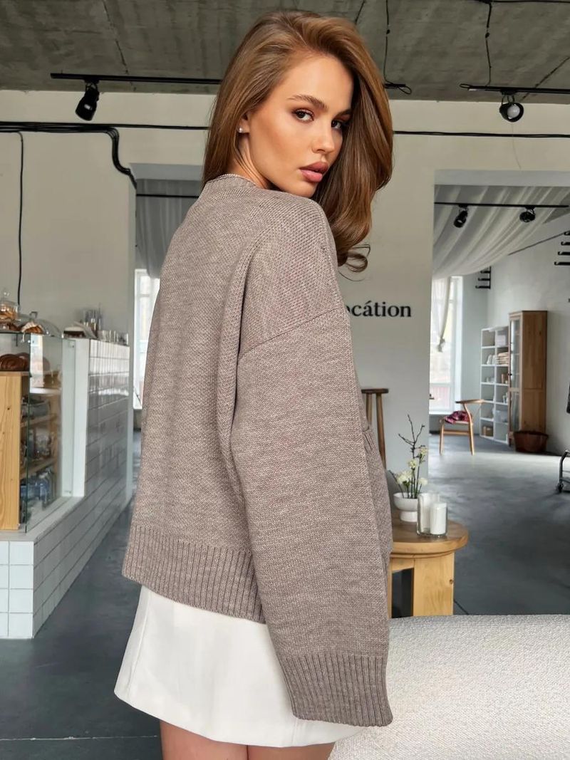 Cardigan en tricot à col en V et poches pour femme - Pull oversize doux et confortable pour l'automne et l'hiver, élégant, coupe ample, décontracté, manches longues, ouvert sur le devant_voghion.com